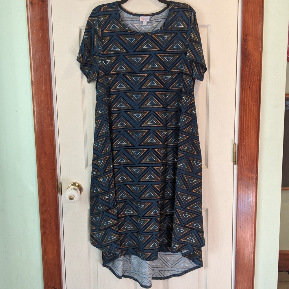 High-low dark teal dress with geometric pattern